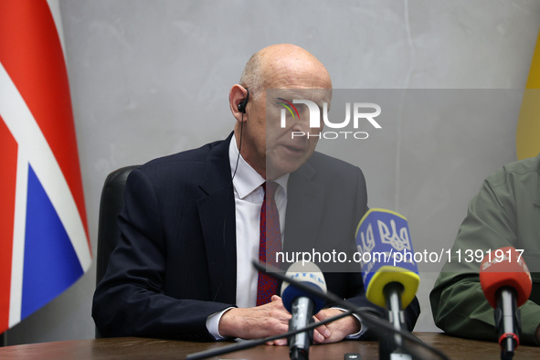 John Healey, Secretary of State for the Defence of the UK, is being seen during a joint briefing with Minister of Defence of Ukraine Rustem...