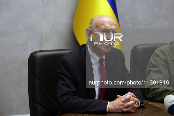 John Healey, Secretary of State for the Defence of the UK, is being seen during a joint briefing with Minister of Defence of Ukraine Rustem...