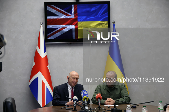 John Healey, the Secretary of State for Defence of the UK, and Rustem Umerov, the Minister of Defence of Ukraine, are holding a joint briefi...