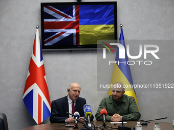 John Healey, the Secretary of State for Defence of the UK, and Rustem Umerov, the Minister of Defence of Ukraine, are holding a joint briefi...