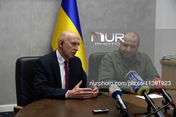 John Healey, the Secretary of State for Defence of the UK, and Rustem Umerov, the Minister of Defence of Ukraine, are holding a joint briefi...