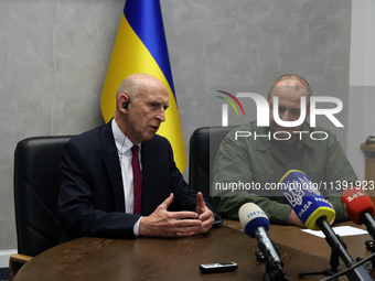 John Healey, the Secretary of State for Defence of the UK, and Rustem Umerov, the Minister of Defence of Ukraine, are holding a joint briefi...