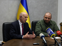 John Healey, the Secretary of State for Defence of the UK, and Rustem Umerov, the Minister of Defence of Ukraine, are holding a joint briefi...