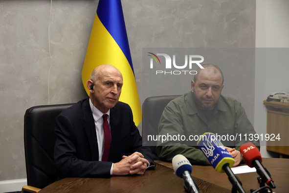 John Healey, the Secretary of State for Defence of the UK, and Rustem Umerov, the Minister of Defence of Ukraine, are holding a joint briefi...