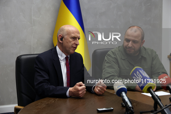 John Healey, the Secretary of State for Defence of the UK, and Rustem Umerov, the Minister of Defence of Ukraine, are holding a joint briefi...