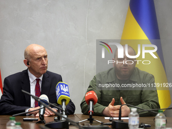 John Healey, the Secretary of State for Defence of the UK, and Rustem Umerov, the Minister of Defence of Ukraine, are holding a joint briefi...