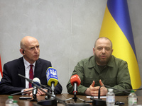 John Healey, the Secretary of State for Defence of the UK, and Rustem Umerov, the Minister of Defence of Ukraine, are holding a joint briefi...