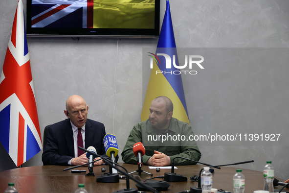 John Healey, the Secretary of State for Defence of the UK, and Rustem Umerov, the Minister of Defence of Ukraine, are holding a joint briefi...