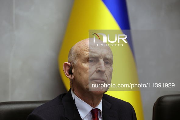 John Healey, Secretary of State for the Defence of the UK, is being seen during a joint briefing with Minister of Defence of Ukraine Rustem...