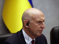 John Healey, Secretary of State for the Defence of the UK, is being seen during a joint briefing with Minister of Defence of Ukraine Rustem...