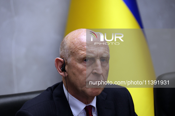 John Healey, Secretary of State for the Defence of the UK, is being seen during a joint briefing with Minister of Defence of Ukraine Rustem...