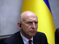 John Healey, Secretary of State for the Defence of the UK, is being seen during a joint briefing with Minister of Defence of Ukraine Rustem...