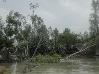 A wiped-off electricity pole is being caused by a heavy flood water wave in Kurigram, Bangladesh, on July 8, 2024. (