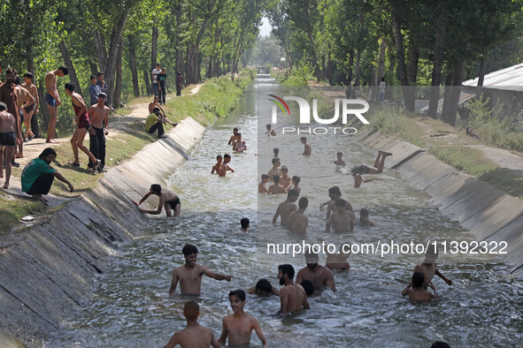 Boys are cooling themselves off on a hot summer day on the outskirts of Srinagar, Kashmir, on July 08, 2024. According to the weather depart...