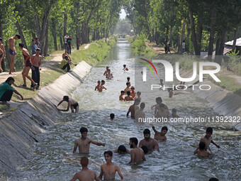 Boys are cooling themselves off on a hot summer day on the outskirts of Srinagar, Kashmir, on July 08, 2024. According to the weather depart...