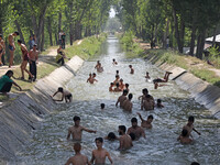 Boys are cooling themselves off on a hot summer day on the outskirts of Srinagar, Kashmir, on July 08, 2024. According to the weather depart...