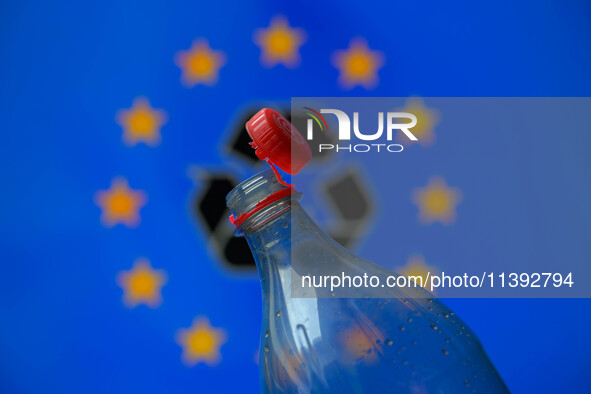 A plastic soda bottle with an attached cap (tethered cap) is being shown as per new EU regulations in Brussels, Belgium, on July 8, 2024. 