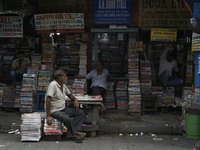 Book sellers are waiting for customers in the College Street area, in Kolkata, India, on July 8, 2024. (