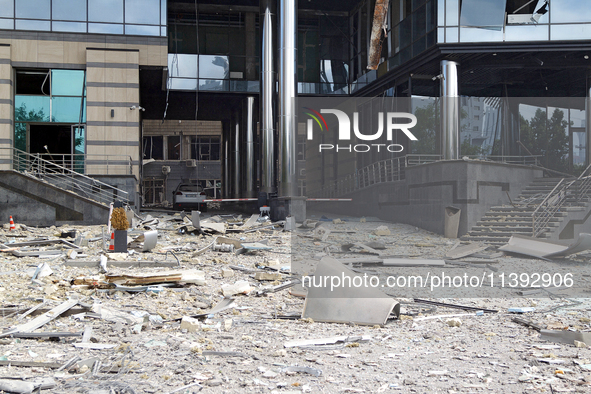 Debris is covering the ground at a building near the Lukianivska metro station during a Russian missile attack in Kyiv, Ukraine, on July 8,...