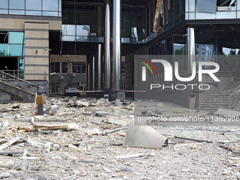 Debris is covering the ground at a building near the Lukianivska metro station during a Russian missile attack in Kyiv, Ukraine, on July 8,...