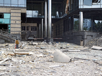 Debris is covering the ground at a building near the Lukianivska metro station during a Russian missile attack in Kyiv, Ukraine, on July 8,...