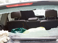 The interior of a car is being seen through the broken rear window of a car in the Shevchenkivskyi district during a Russian missile attack...