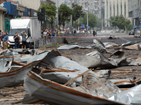 Debris is covering the ground near the Lukianivska metro station during a Russian missile attack in Kyiv, Ukraine, on July 8, 2024. NO USE R...