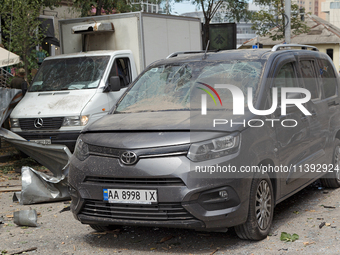 Vans are being damaged during a Russian missile attack near the Lukianivska metro station in Kyiv, Ukraine, on July 8, 2024. NO USE RUSSIA....