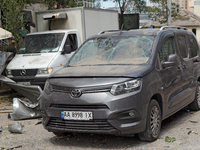 Vans are being damaged during a Russian missile attack near the Lukianivska metro station in Kyiv, Ukraine, on July 8, 2024. NO USE RUSSIA....