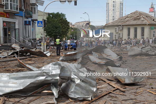 Debris is covering the ground near the Lukianivska metro station during a Russian missile attack in Kyiv, Ukraine, on July 8, 2024. NO USE R...