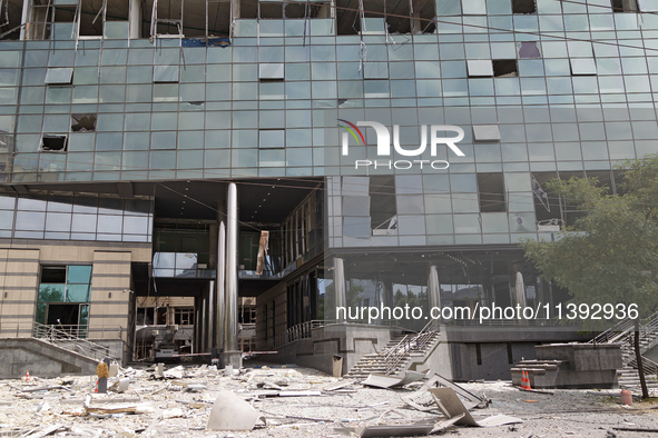 Debris is covering the ground at a building near the Lukianivska metro station during a Russian missile attack in Kyiv, Ukraine, on July 8,...