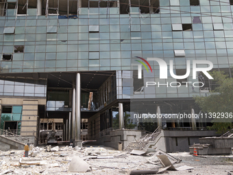 Debris is covering the ground at a building near the Lukianivska metro station during a Russian missile attack in Kyiv, Ukraine, on July 8,...