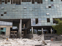 Debris is covering the ground at a building near the Lukianivska metro station during a Russian missile attack in Kyiv, Ukraine, on July 8,...