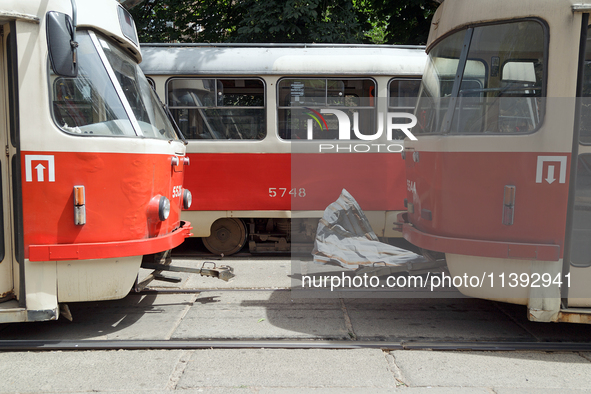 A piece of debris is lying on the tram tracks near the Lukianivska metro station during a Russian missile attack in Kyiv, Ukraine, on July 8...