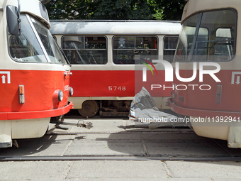 A piece of debris is lying on the tram tracks near the Lukianivska metro station during a Russian missile attack in Kyiv, Ukraine, on July 8...