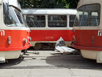 A piece of debris is lying on the tram tracks near the Lukianivska metro station during a Russian missile attack in Kyiv, Ukraine, on July 8...