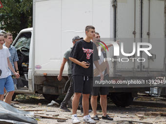 People are staying near the Lukianivska metro station during a Russian missile attack in Kyiv, Ukraine, on July 8, 2024. NO USE RUSSIA. NO U...