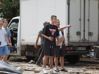 People are staying near the Lukianivska metro station during a Russian missile attack in Kyiv, Ukraine, on July 8, 2024. NO USE RUSSIA. NO U...