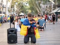 Ukrainian community protest against the Russian shelling of Ohmatdyt Children's Hospital in Kyiv, Ukraine, in Barcelona, Spain, on July 8, 2...