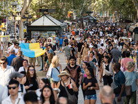 Ukrainian community protest against the Russian shelling of Ohmatdyt Children's Hospital in Kyiv, Ukraine, in Barcelona, Spain, on July 8, 2...