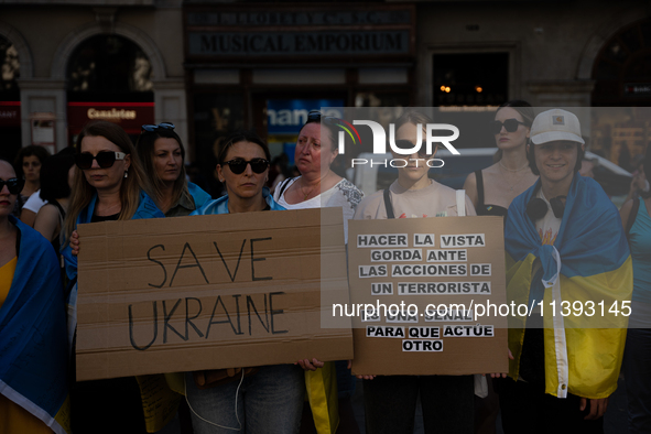 Ukrainian community protest against the Russian shelling of Ohmatdyt Children's Hospital in Kyiv, Ukraine, in Barcelona, Spain, on July 8, 2...