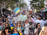 Ukrainian community protest against the Russian shelling of Ohmatdyt Children's Hospital in Kyiv, Ukraine, in Barcelona, Spain, on July 8, 2...