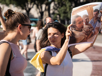 Ukrainian community protest against the Russian shelling of Ohmatdyt Children's Hospital in Kyiv, Ukraine, in Barcelona, Spain, on July 8, 2...