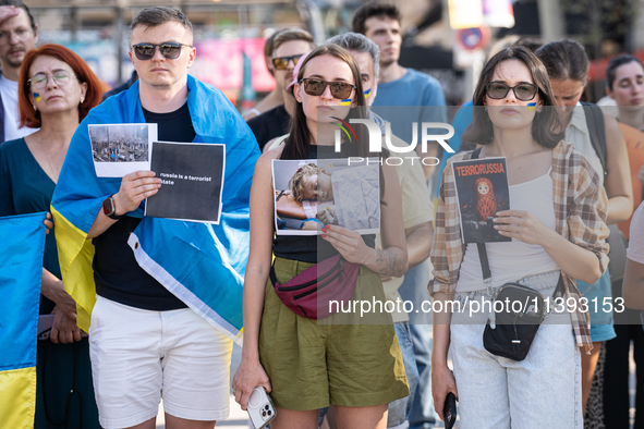 Ukrainian community protest against the Russian shelling of Ohmatdyt Children's Hospital in Kyiv, Ukraine, in Barcelona, Spain, on July 8, 2...