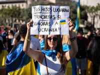 Ukrainian community protest against the Russian shelling of Ohmatdyt Children's Hospital in Kyiv, Ukraine, in Barcelona, Spain, on July 8, 2...