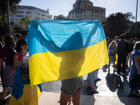 Ukrainian community protest against the Russian shelling of Ohmatdyt Children's Hospital in Kyiv, Ukraine, in Barcelona, Spain, on July 8, 2...