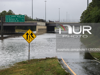 Flooding is being seen on I10 at Washington St. in Houston, Texas, on July 8, 2024. (