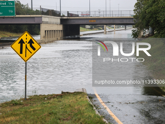 Flooding is being seen on I10 at Washington St. in Houston, Texas, on July 8, 2024. (