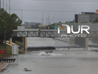 Flooding is being seen on I10 at Washington St. in Houston, Texas, on July 8, 2024. (