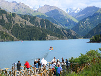 Tourists are visiting the Tianchi Scenic spot in Fukang, China, on July 8, 2024. (